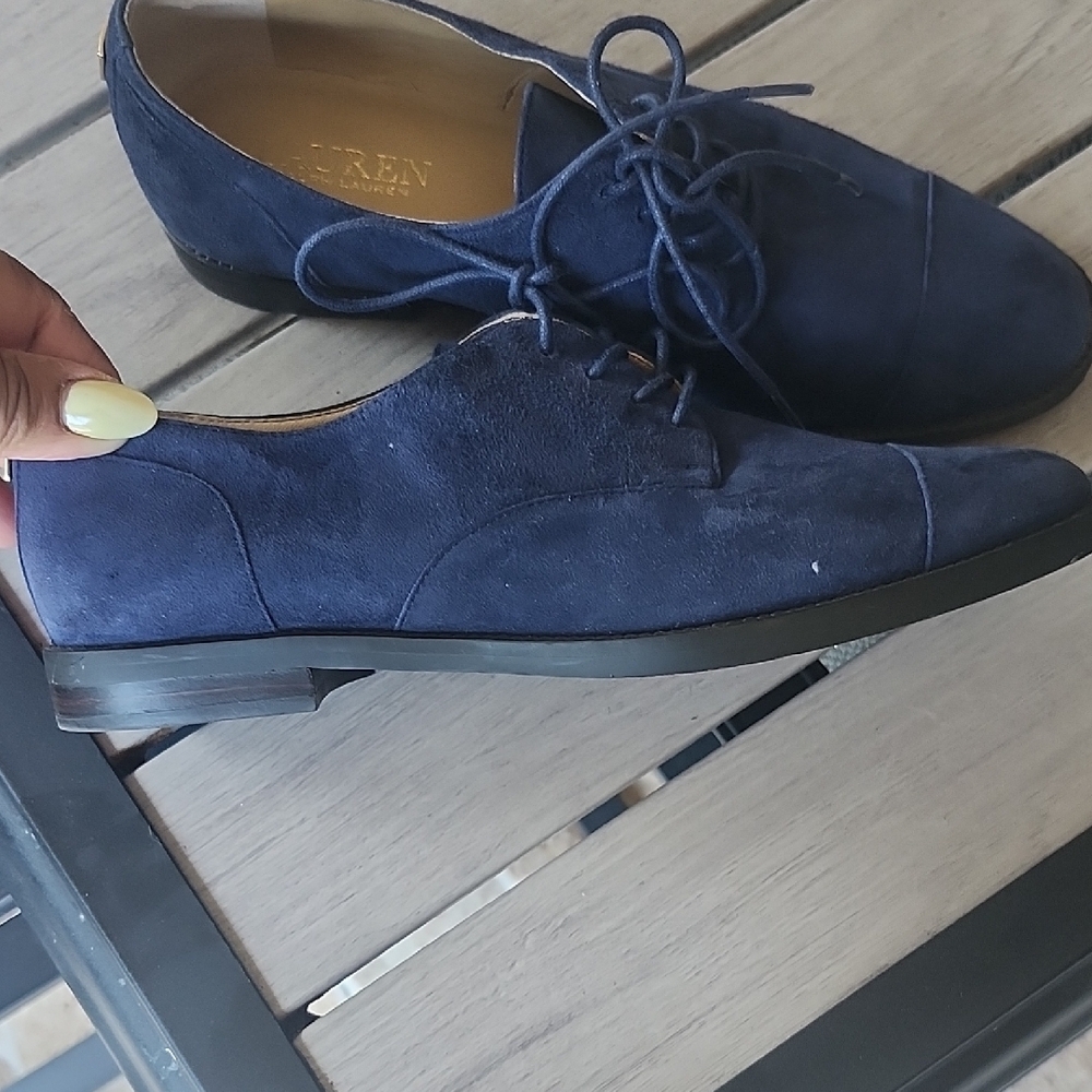 Lauren Ralph Lauren Navy Suede Lace-Up Moccasins - Classic Cap-Toe - Picture 7 of 13